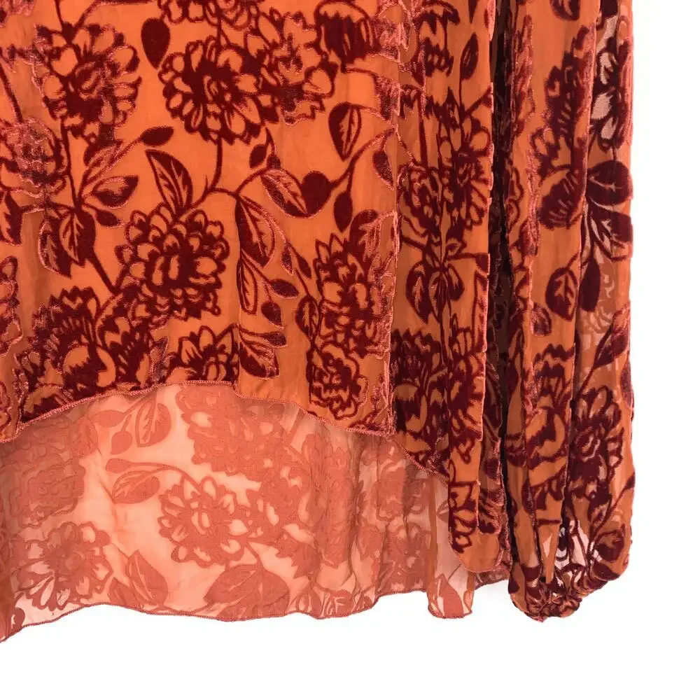 4 Love & Liberty Johnny Was Silk Rayon Velvet Burnout Top Floral Rust Brown XL